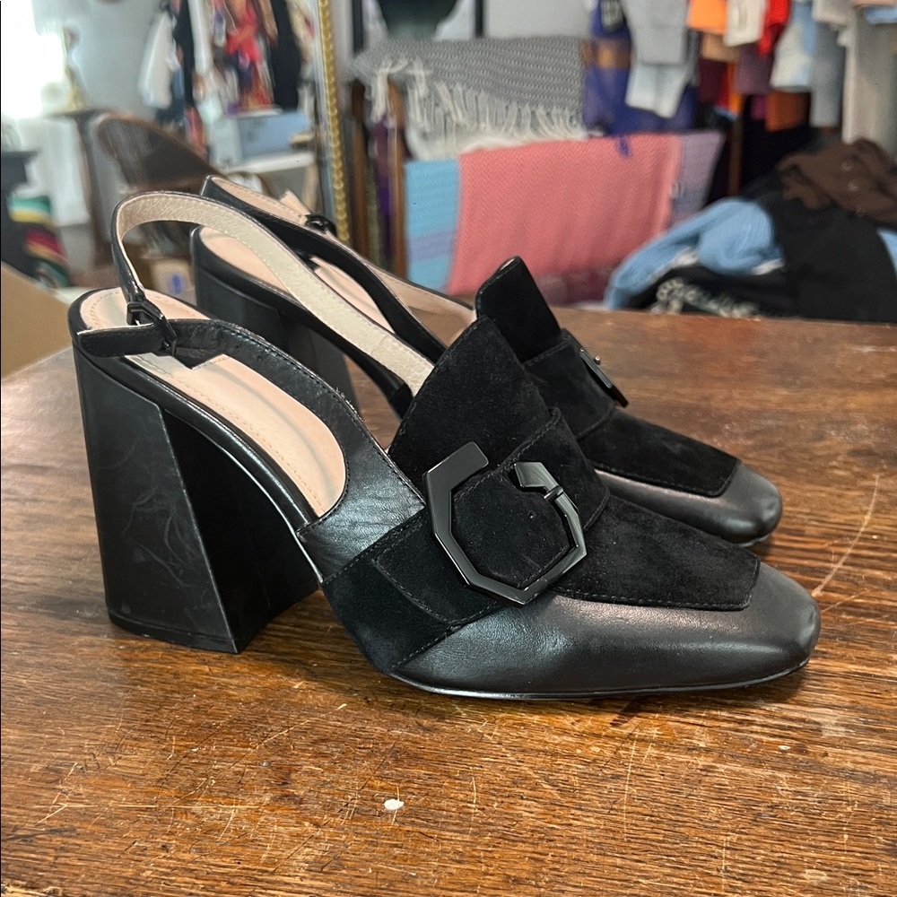 Louise et Cie Black Leather & Suede Slingback Block Heel Mules